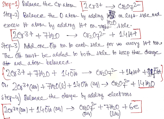 Step-1) Balance the en atom 12erat → C2O72- | Step-2) Balance the O atom by adding the one left sive and exeen it atom by add