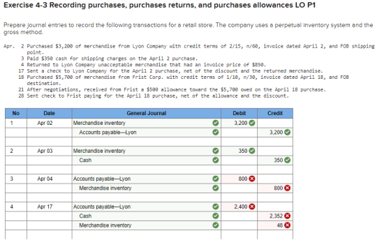 Exercise 4-3 Recording purchases, purchases returns, and purchases allowances LO P1 Prepare journal entries to record the fol