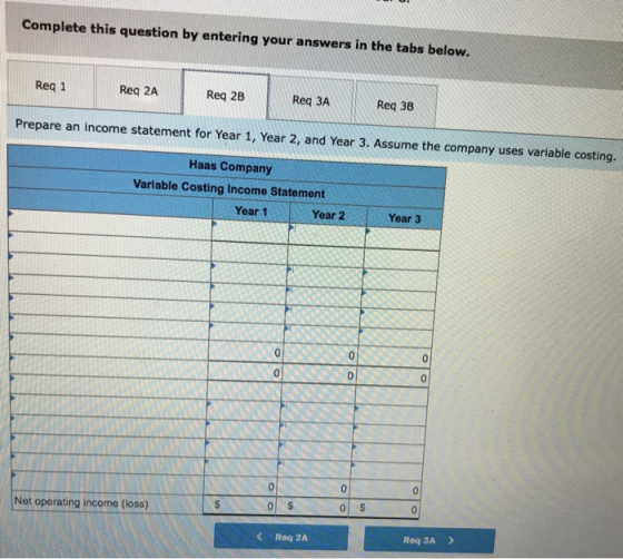 Complete this question by entering your answers in the tabs below. Req 1 Req 2A Req 2B Req 3A Req 38 Prepare an income statement for Year 1, Year 2, and Year 3. Assume the company uses variable costing. Haas Company Variable Costing Income Statement Year 1 Year 2 Year 3 0 Net operating income (loss) Req 2A Req 3A