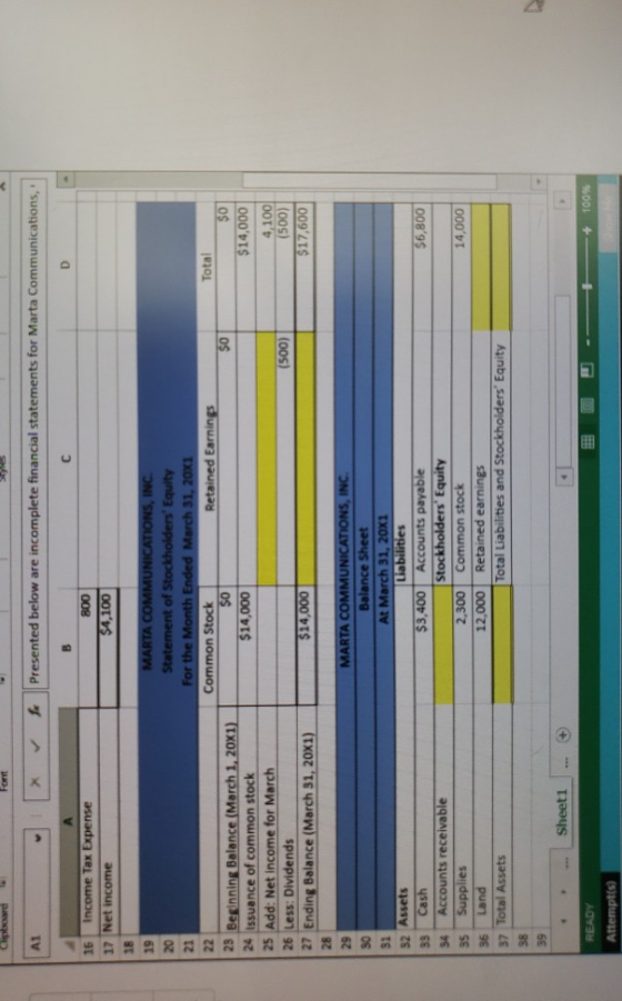 Chipboard A1 f Presented below are incomplete financial statements for Marta Communications, с 16 Income Tax Expense 17 Net i