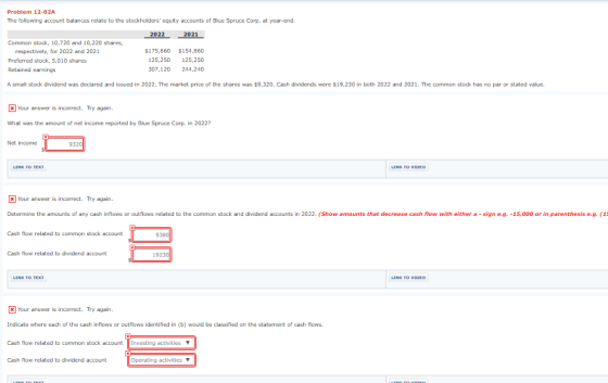 Problem 12-02A The following account balances relate to the stockholders equity accounts of Blue Spruce Corp. at year-end. 2