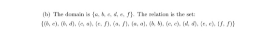 (b) The domain is {a, b, c, d, e, f}. The relation is the set: {(b, e), (b, d), (c, a), (c, f), (a, f), (a, a),(6, b), (c, c)