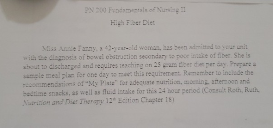 PN 200 Fundamentals of Nursing II High Fiber Diet Niss Annie Fanny, a 42-year-old woman, has been admitted to your unit with