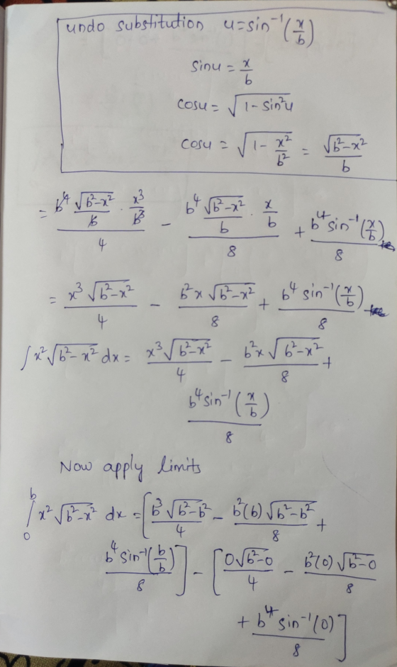 undo substitution us sinu = 2 cosu= √1-sintu cosu V VB- 4 8 JE PJE, sirl:) 8 bsin (1) Now apply limits se deelper - Bovat +