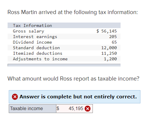 Ross Martin arrived at the following tax information: Tax Information Gross salary Interest earnings Dividend income Standard