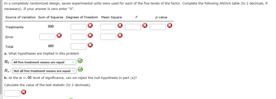 In a completely randomized design, seven experimental units were used for each of the five levels of the factor. Complete the following ANOVA table (to 2 decimals, if necessary). If your answer is zero enter o. Source of Variation Sum of Squares Degrees of Freedom Mean Square p-value Treatments 300 Error 460 Total a. What hypotheses are implied in this problem Ho: All five treatment means are equal v Ha: Not all five treatment means are equal v b. At the a.05 level of significance, can we reject the null hypothesis in part (a)? Calculate the value of the test statistic (to 2 decimals)