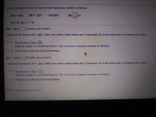 the (x) and (c) to find a formula for each expression Identity its domain (109830-96) 1000 m 1(x)=8x96x)=1 - 4x (a) ( + g(x)