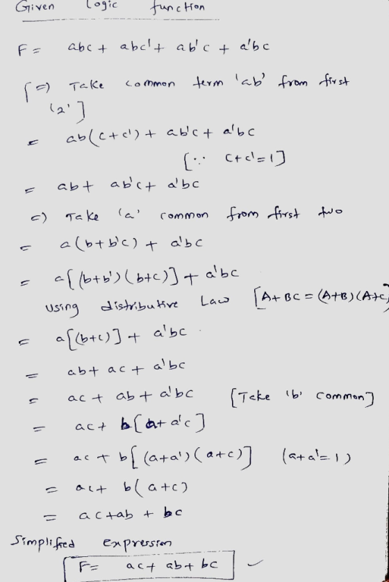 Given Logic function Fa abct abelt abc ct abc Take Common 17 term ab from first 12) ablete) + abct albe [. c+c=1] abt abct