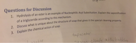 ap Nucleophilic Acyl Substitution. Explain the saponification Questions for Discussion 1. Hydrolysis of an ester is an exampl