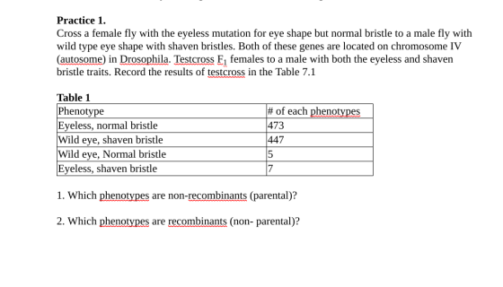 Practice 1. Cross a female fly with the eyeless mutation for eye shape but normal bristle to a male fly with wild type eye sh