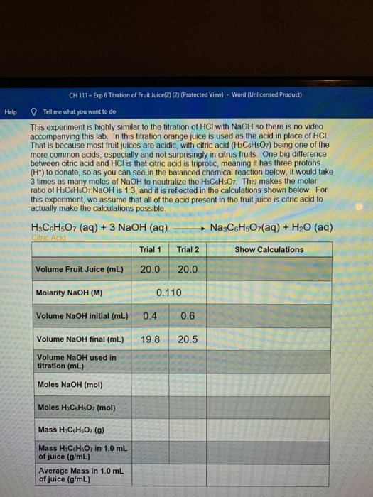 CH 111 - Exp 6 Titration of Fruit Juice(2) (2) (Protected View) - Word (Unlicensed Product) Help Tell me what you want to do