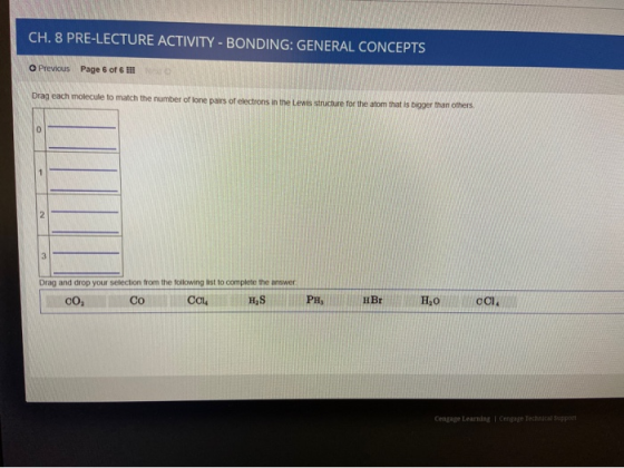 CH. 8 PRE-LECTURE ACTIVITY - BONDING: GENERAL CONCEPTS Previous Page 6 of 6 Drag each molecule to match the number of lone pa