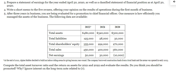 3. Prepare a statement of earnings for the year ended April 30, 2020, as well as a classified statement of financial position