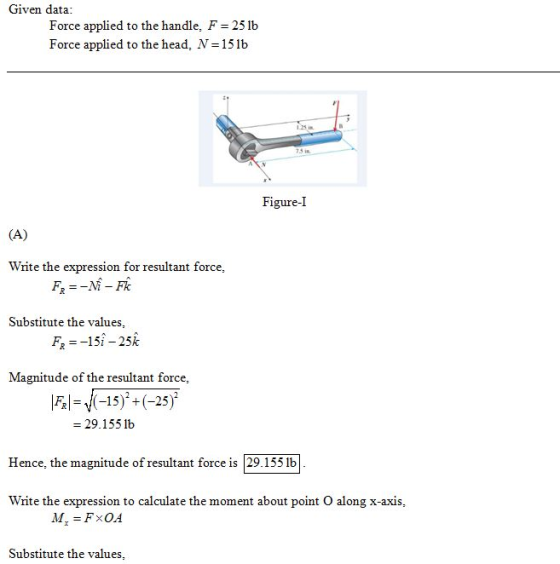 Given data: Force applied to the handle, F 25 lb Force applied to the head, N-151b Figure-I Write the expression for resultan