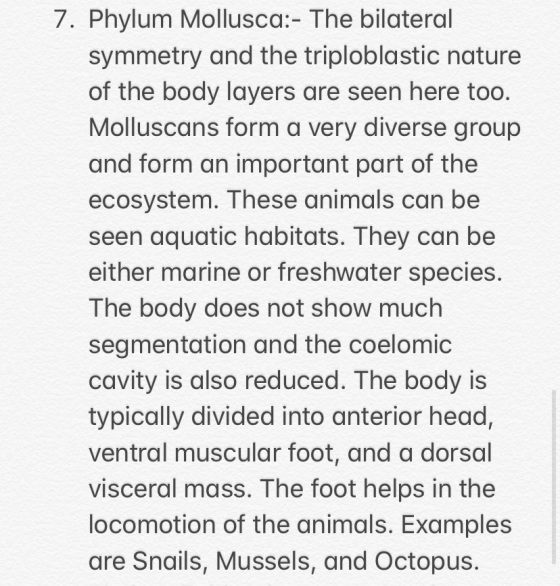 7. Phylum Mollusca:- The bilateral symmetry and the triploblastic nature of the body layers are seen here too. Molluscans for