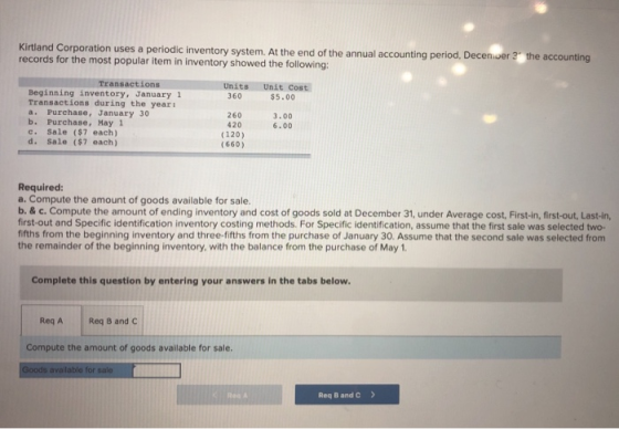 Kirtland Corporation uses a periodic inventory system. At the end of the annual accounting period, December records for the m