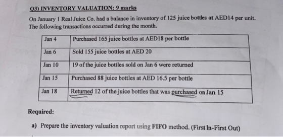 03) INVENTORY VALUATION: 9 marks On January 1 Real Juice Co. had a balance in inventory of 125 juice bottles at AED14 per uni