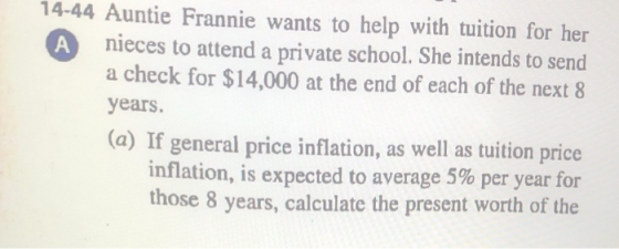 14-44 Auntie Frannie wants to help with tuition for her А nieces to attend a private school. She intends to send a check for