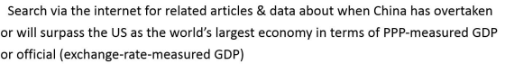 Search via the internet for related articles & data about when China has overtaken or will surpass the US as the worlds larg
