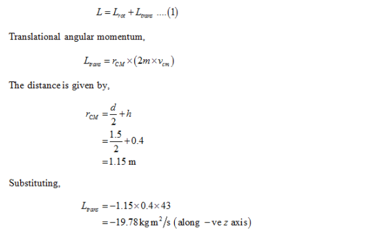 Translational angular momentum, The distance is given by, 1.5 0.4 Substituting, 1.15x0.4x43 19.78kgm/s (along -ve z axis)