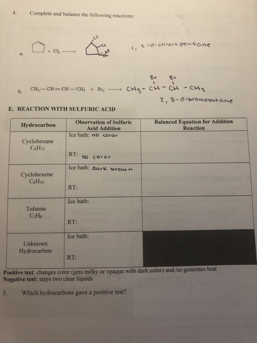 4. Complete and balance the following reactions: 0.0,- z dichloro pentane b. CH3-CH=CH-CH, + B = CH - CH - CH - CH. 2,3-dibro