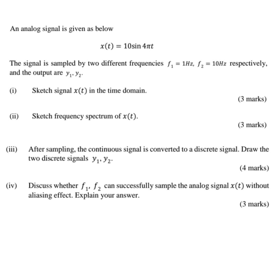 An analog signal is given as below x(t) = 10sin 4rtt The signal is sampled by two different frequencies f, = 1Hz, f, = 10Hz r