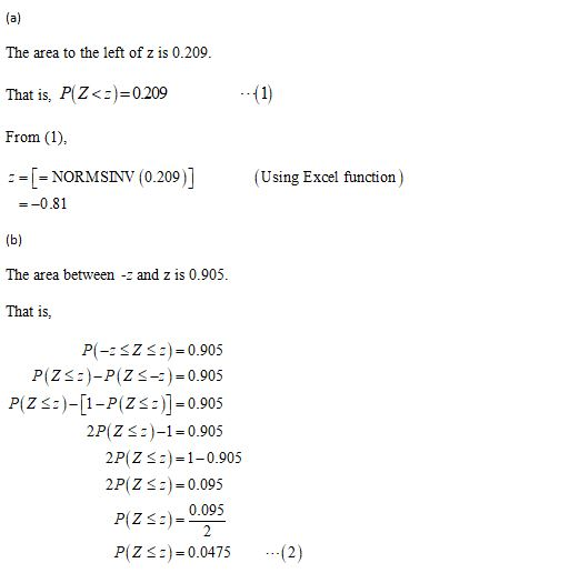 (a) The area to the left of z is 0.209. That is, P(Z <=)=0.209 .-(1) From (1). (Using Excel function = = [= NORMSINV (0.209]