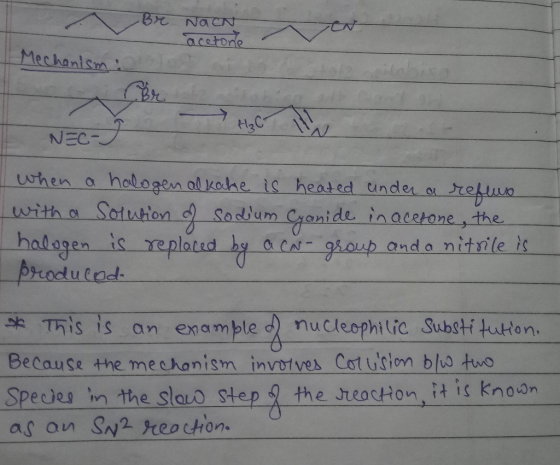Br Nack acetone - Mechanism : BA H₂C when a halogen alkohe is heated under a reflux with a solution of sodium Cyanide in acet