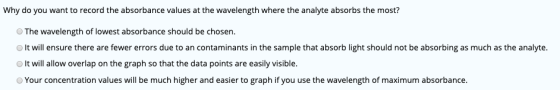 Why do you want to record the absorbance values at the wavelength where the analyte absorbs the most? The wavelength of lowes