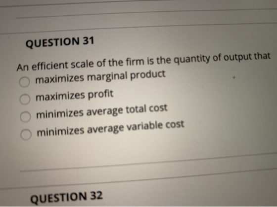 QUESTION 31 An efficient scale of the firm is the quantity of output that maximizes marginal product maximizes profit minimiz