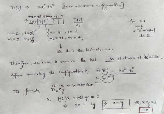 Ti (0) 3d 482 louter electronic configuration]. me +2 #solo -1 -2 73011 11 for 3d 45 == a => me=2 ms n= 3 là 2 {mez +1, me =