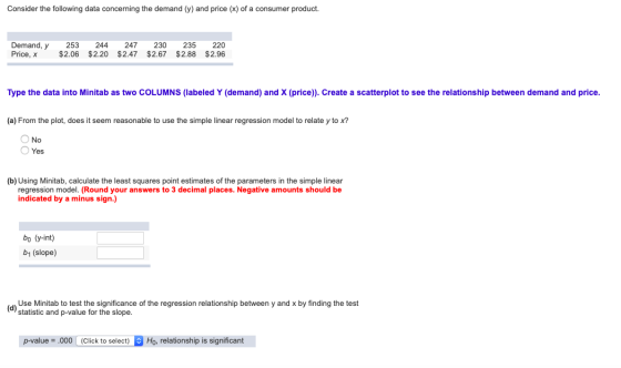 Consider the following data concerning the demand (y) and price (x) of a consumer product. Demand, y Price, x 247 230 $2.06 $