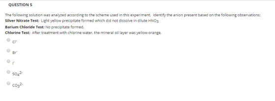 QUESTION 5 The following solution was analyzed according to the scheme used in this experiment. Identify the anion present ba
