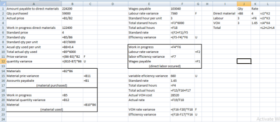 A. G| H 1 Amount payable to direct materials 2 aty purchased 3 Actual price 224200 59000 -B1/B2 Wages payable Labour rate var