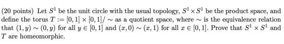 (20 points) Let Sl be the unit circle with the usual topology, Sł x Sl be the product space, and define the torus T [0, 1] x