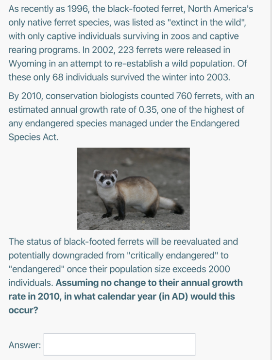 As recently as 1996, the black-footed ferret, North Americas only native ferret species, was listed as extinct in the wild