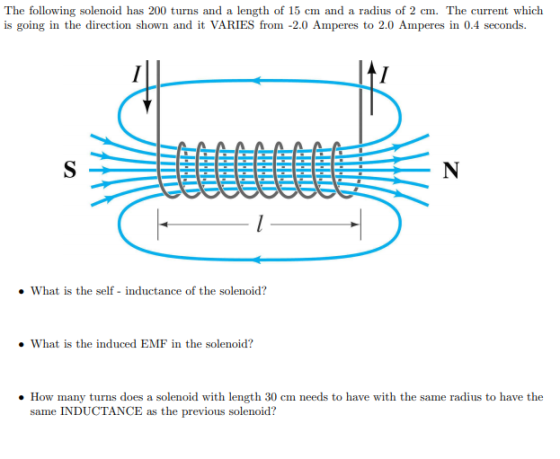 The following solenoid has 200 turns and a length of 15 cm and a radius of 2 cm. The current which is going in the direction