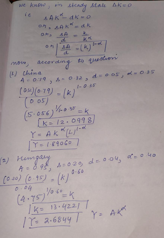 Ak=0 we know, in steady state ie SAKA _ dk=0 or SAK* = dk or, SA = 4 ha OM) -(k) (-a) now, according to questioni (1) China A