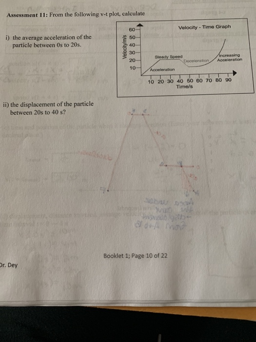 Assessment 11: From the following v-t plot, calculate Velocity - Time Graph i) the average acceleration of the particle between Os to 20s. 50 40- 30- 20- Speed Acceieration 10 20 30 40 50 60 70 80 90 Timels ii) the displacement of the particle between 20s to 40 s Booklet 1; Page 10 of 22 r. Dey