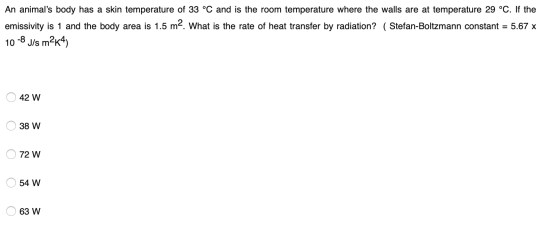 An animals body has a skin temperature of 33 °C and is the room temperature where the walls are at temperature 29 °C. If the