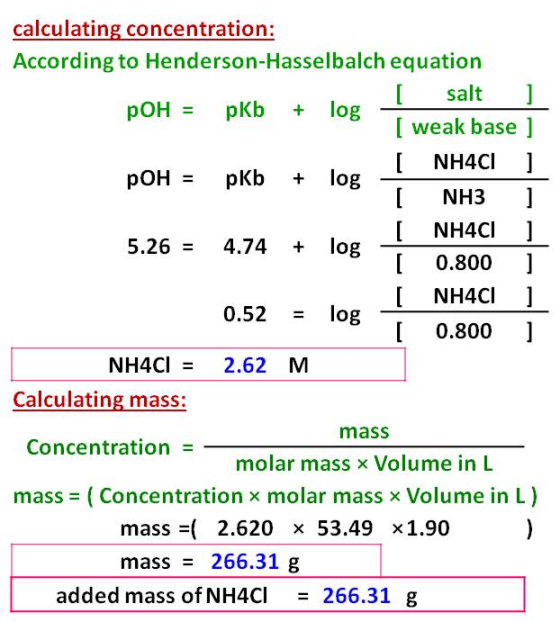 ] calculating concentration: According to Henderson-Hasselbalch equation salt pOH = pKb + log ( weak base ] NH4Cl pOH = pKb +