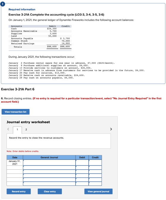 Required information Exercise 3-21A Complete the accounting cycle (LO3-3, 3-4, 3-5, 3-6) On January 1, 2021, the general ledg
