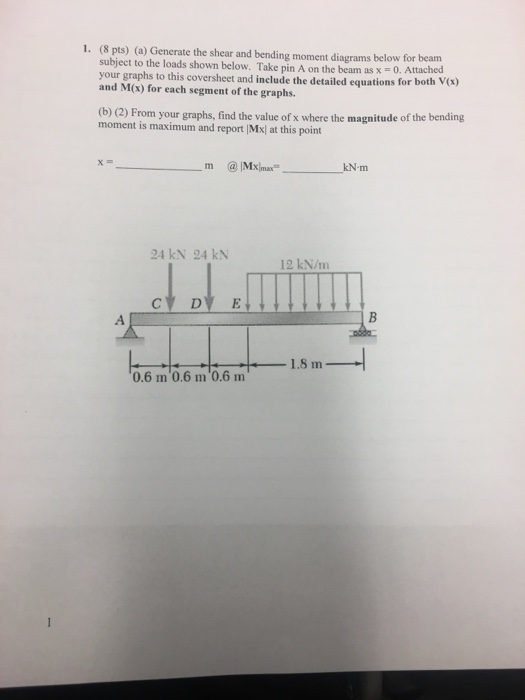 1. (8 pts) (a) Generate the shear and bending moment diagrams below for beam subject to the loads shown below. Take pin A on the beam as x-.Attached your graphs to this coversheet and include the detailed equations for both V(C) and M(x) for each segment of the graphs. (b) (2) From your graphs, find the value of x where the magnitude of the bending moment is maximum and report (Mx) at this point X- ーm @IMIMma.- kN m 24 kN 24 kN 12 kN/m CV DV E 06m 06 m 0.6m1.5 m