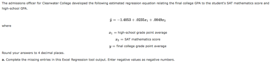 The admissions officer for Clearwater College developed the following estimated regression equation relating the final colleg