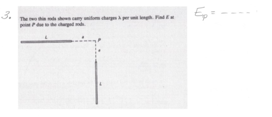 Ep 3. - The two thin rods shown carry uniform charges , per unit length. Find E at point P due to the charged rods. 2