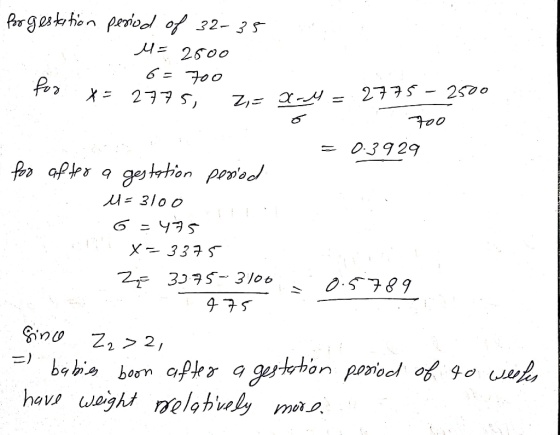 for x=2775, Zi for gestation period of 32-35 M= 2500 6 = 700 = 2775, Z = X-4 = 2775 - 2500 700 = 0.3929 for after a gestation