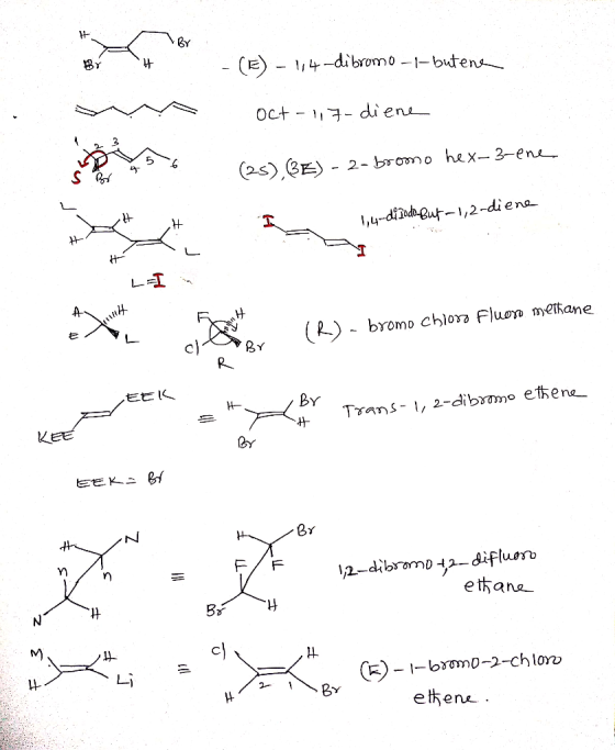 E 4-dibromo -1-butens Oct diene C2s)BE 2-bromo hex- 3-en ,4-doda.ut-1,2-dieno H- LE A- (R)- bromo chiora Fluon metkane BY .EE