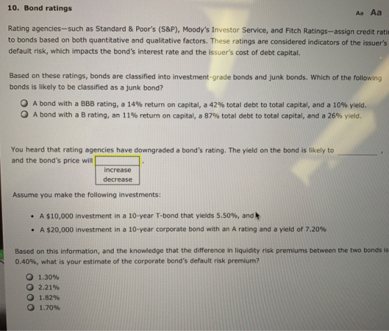 10. Bond ratings Aa Aa Rating agencies-such as Standard & Poors (S&P), Moodys Investor Service, and Fitch Ratings-assign cr