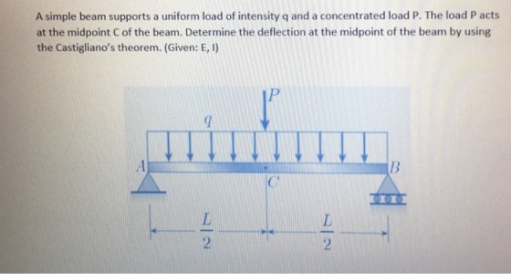 A simple beam supports a uniform load of intensity q and a concentrated load P. The load P acts at the midpoint C of the beam. Determine the deflection at the midpoint of the beam by using the Castiglianos theorem. (Given: E, I) MK