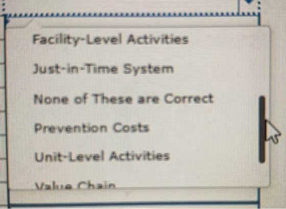 Facility-Level Activities Just-in-Time System None of these are Correct Prevention Costs Unit-Level Activities Value Chain